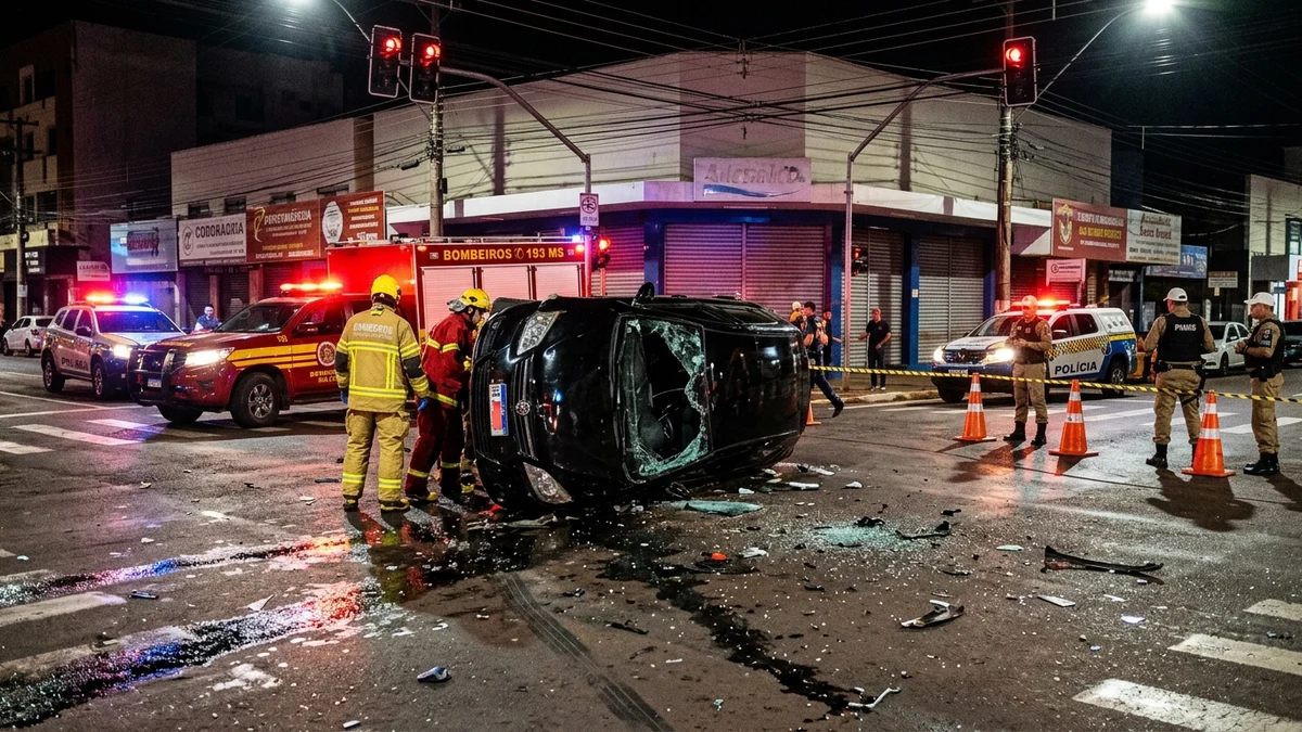 Cruzamento perigoso: Colisão tripla com carro tombado na Avenida Calógeras e atropelamentos graves mobilizam socorro em Campo...
