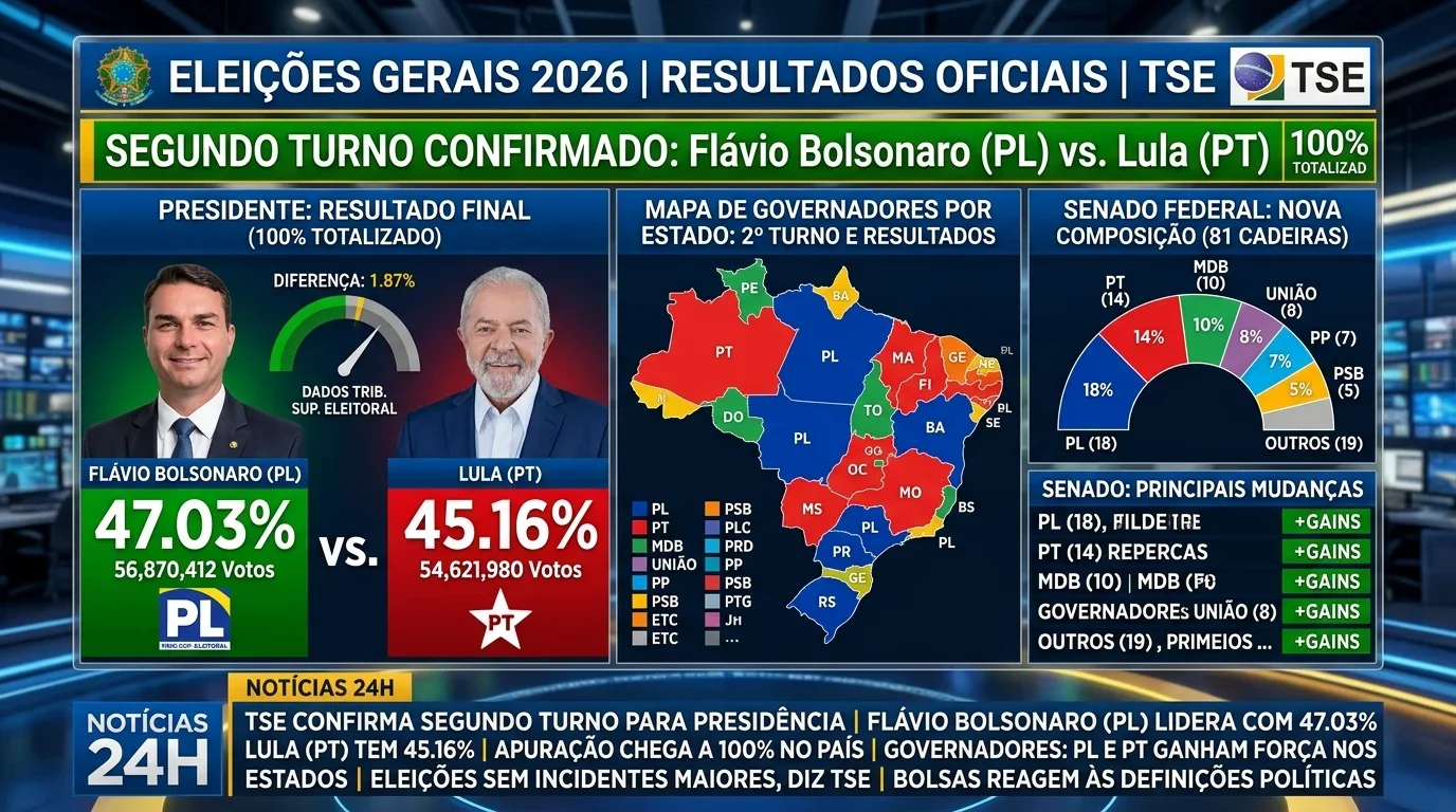Observatório Presidencial 2026 (Fase 24): TSE Finaliza 100% da Apuração com 2º Turno Confirmado entre Flávio Bolsonaro e Lula