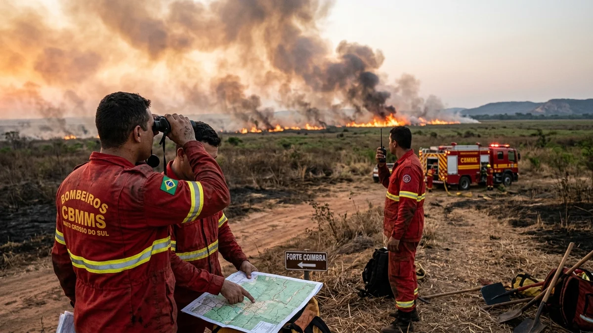 Bombeiros monitoram incêndio no Pantanal em Forte Coimbra; área queimada cresceu 770% em 2026
