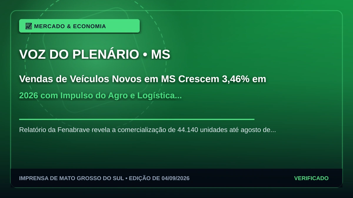 Vendas de Veículos Novos em MS Crescem 3,46% em 2026 com Impulso do Agro e Logística