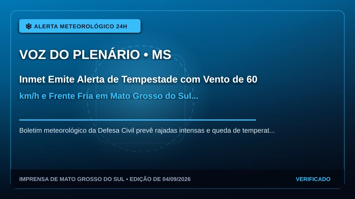 Inmet Emite Alerta de Tempestade com Vento de 60 km/h e Frente Fria em Mato Grosso do Sul
